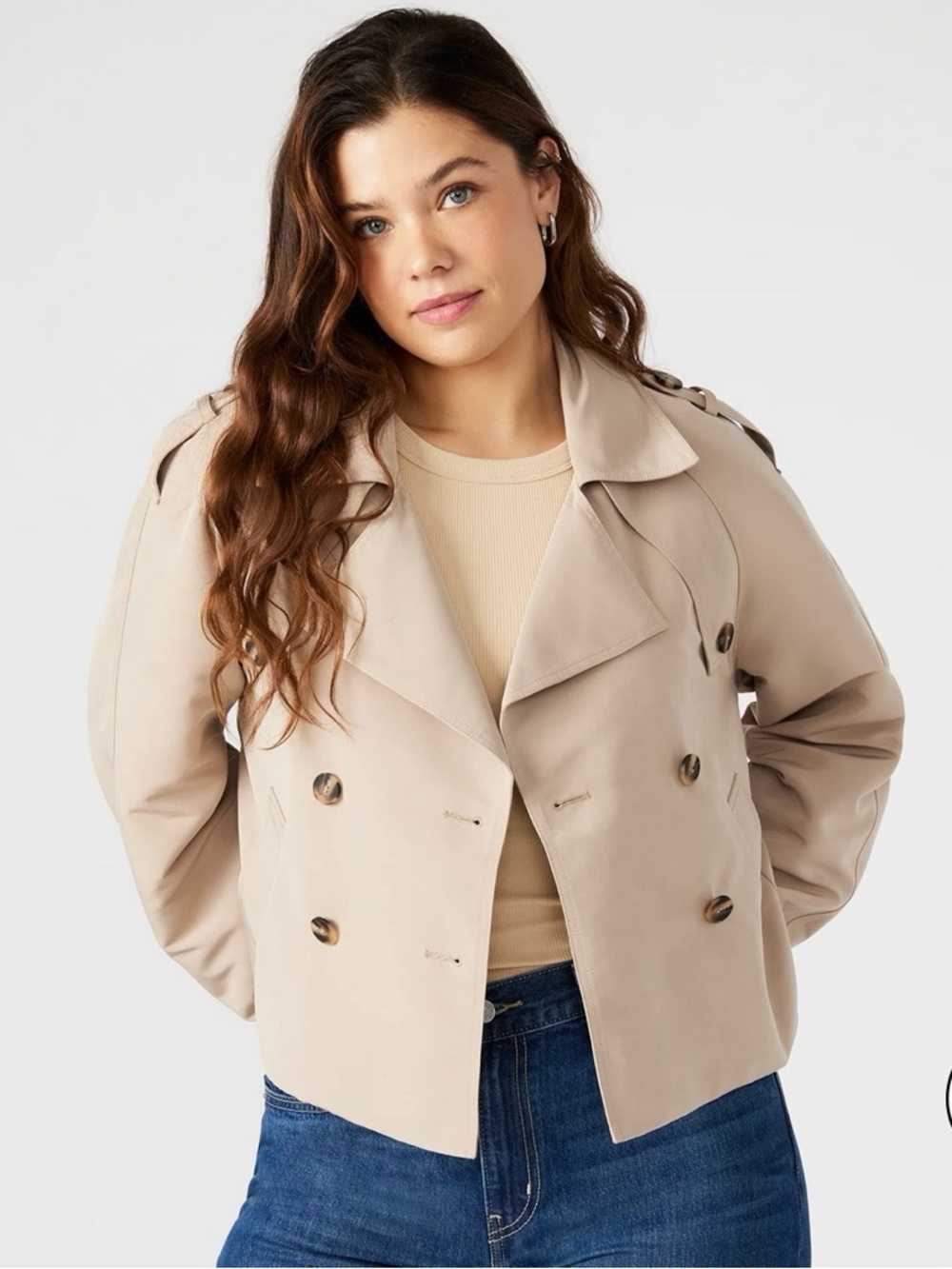 Steve Madden SIRUS Cropped Trench Coat, Khaki, Size Small - Picture 8 of 11